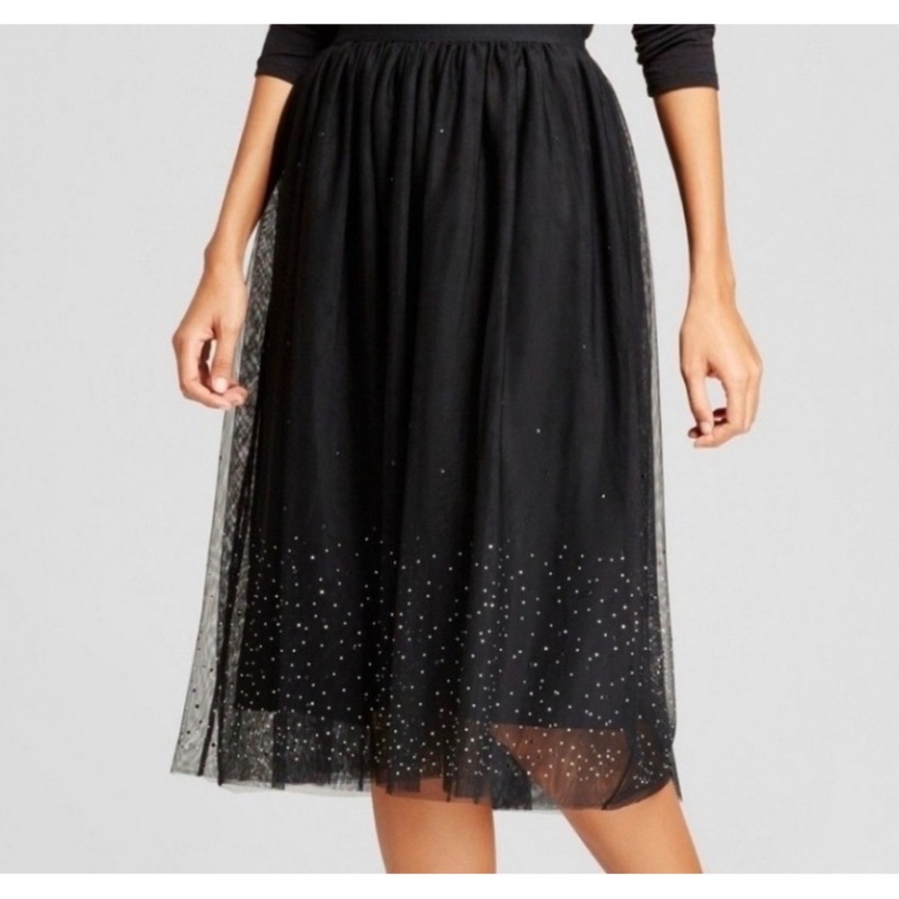 Black Tulle Midi Skirt with Sparkle Embellishment
